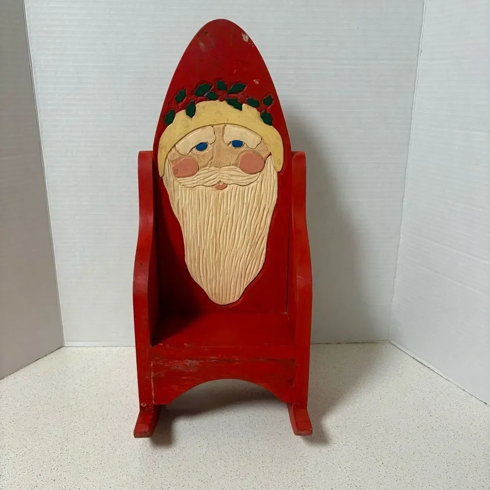 Vintage Santa Rocker Rare Wood Carved Painted I1